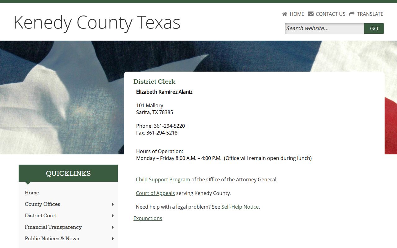 Kenedy County warrant search reference showing District Clerk contact information