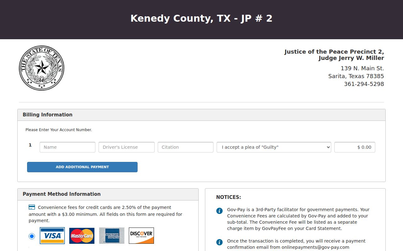 Kenedy County traffic warrant reference showing the JP2 account number payment prompt