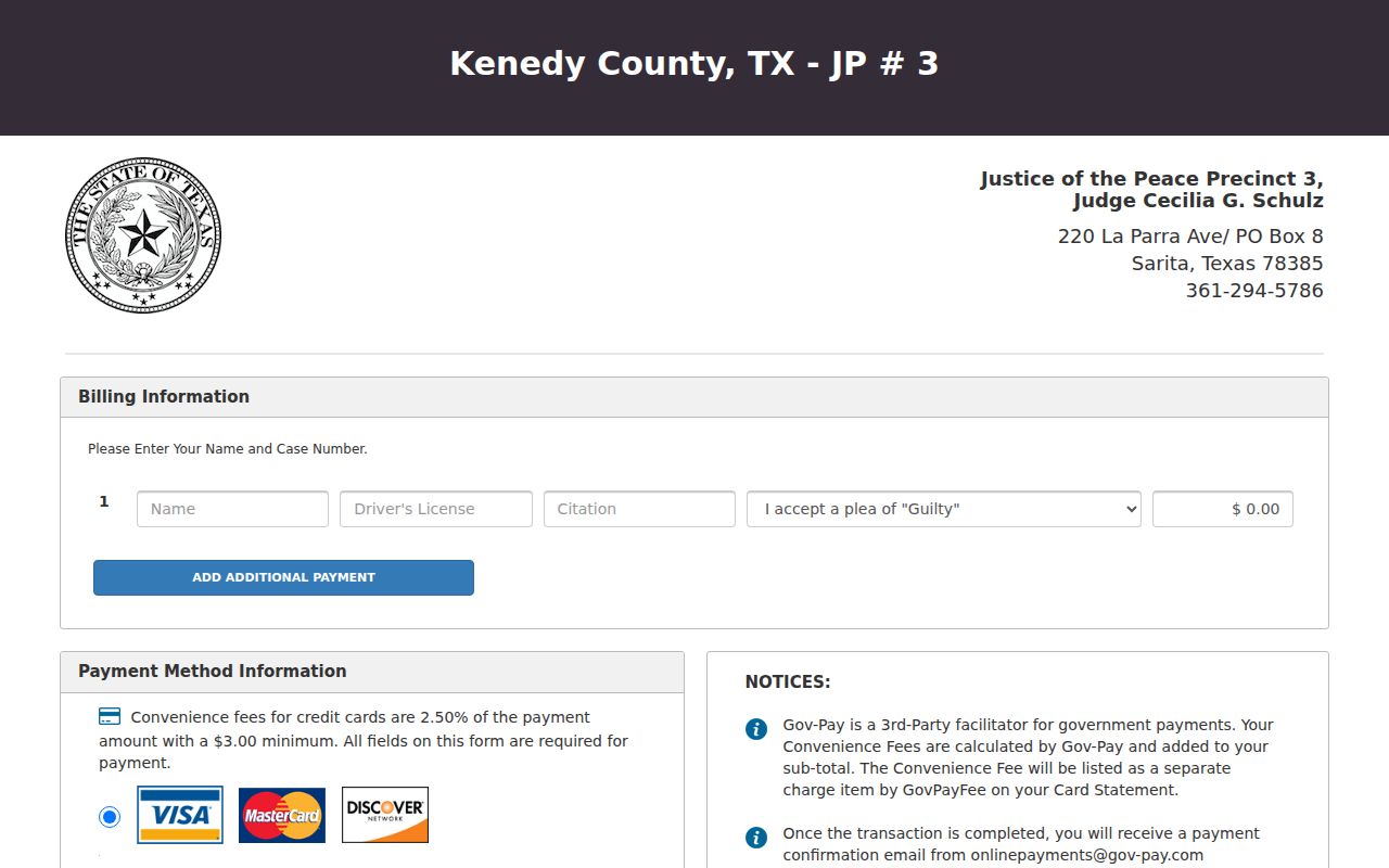 Kenedy County bench warrant reference showing JP3 payment fields