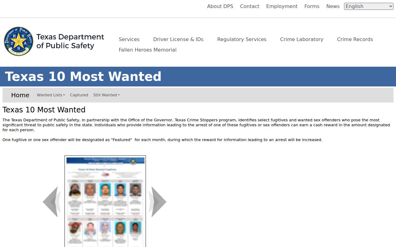 Kenedy County most wanted reference showing the Texas DPS statewide program header