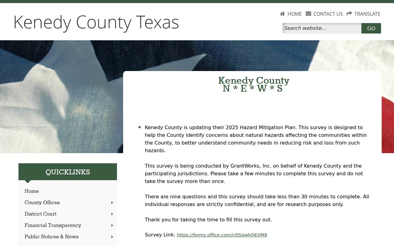 Kenedy County active warrant reference showing the county news index