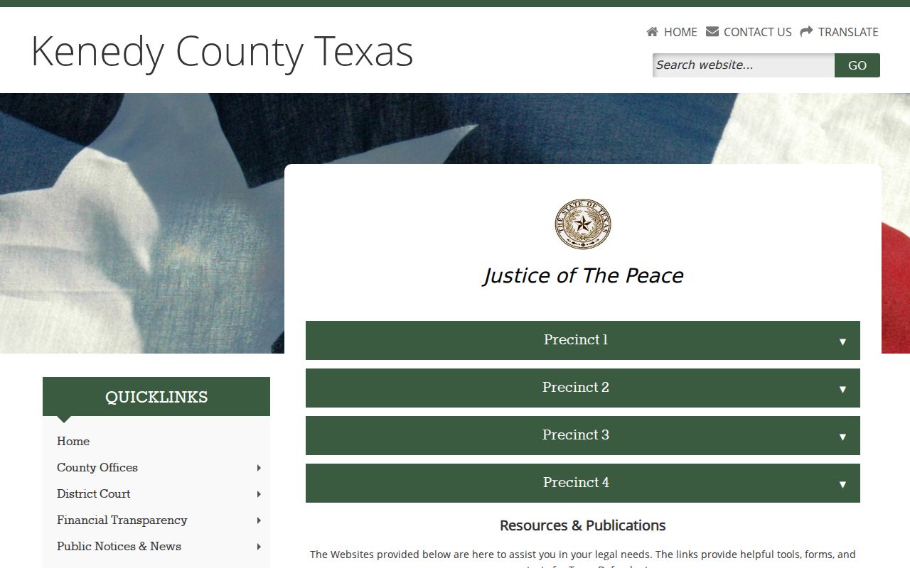 Kenedy County warrant records reference showing the four Justice of the Peace office directory