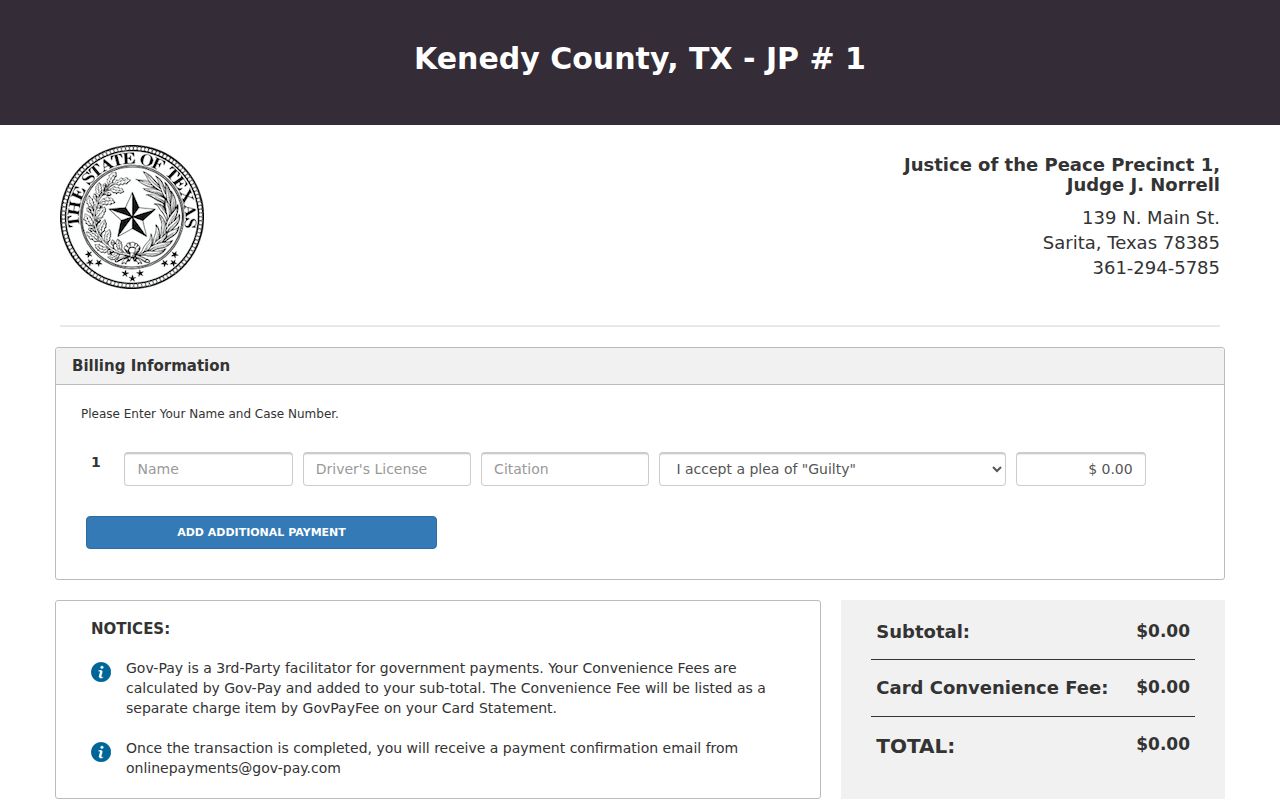Kenedy County warrant records reference showing the JP1 payment form fields