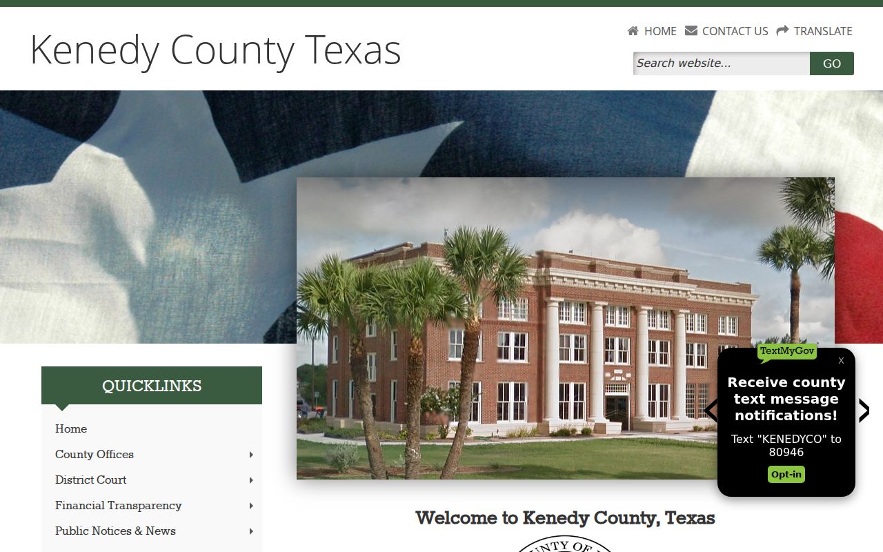 Kenedy County warrant records reference showing the county courthouse homepage