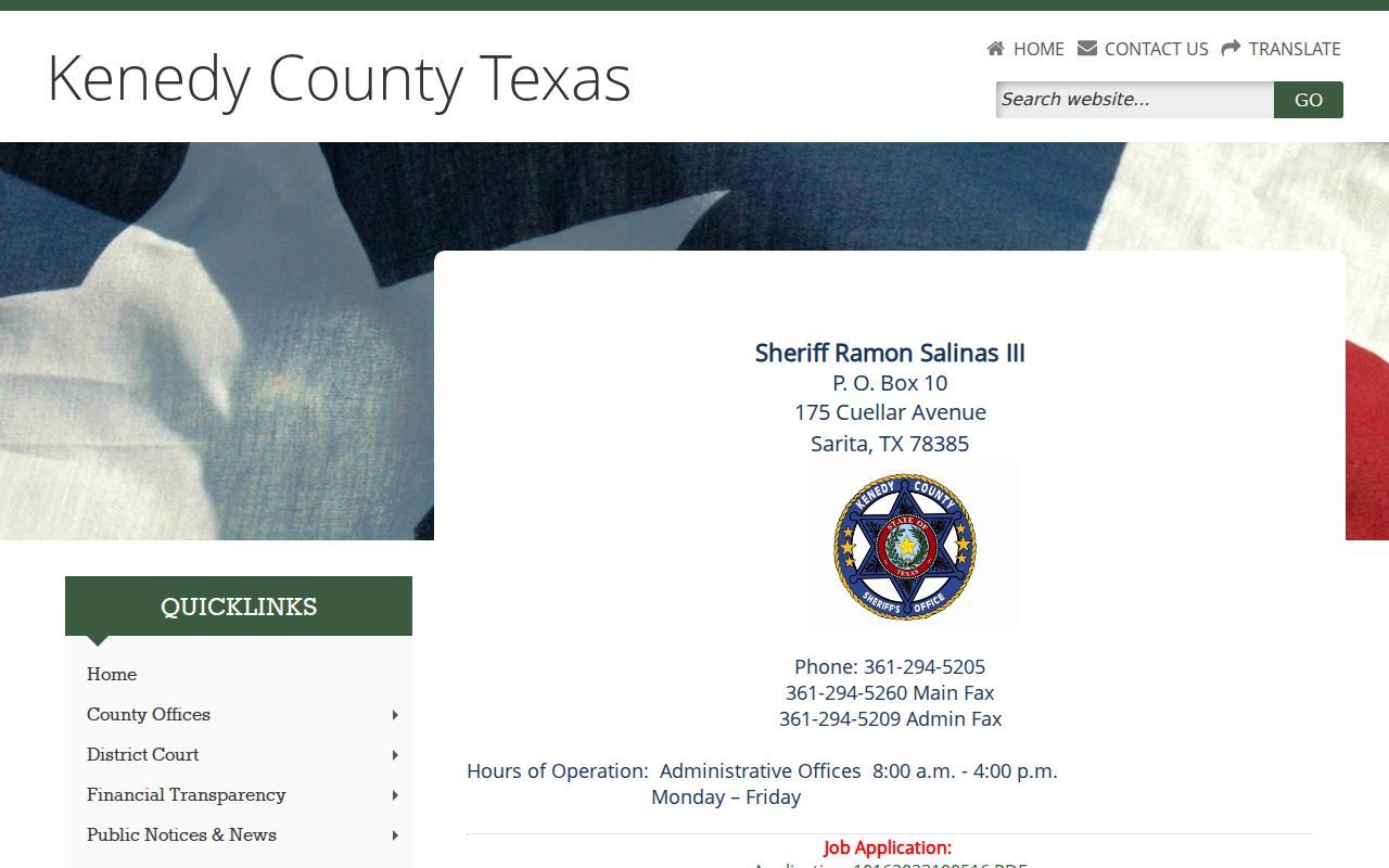 Kenedy County warrant records reference showing the Sheriff's Office contact page